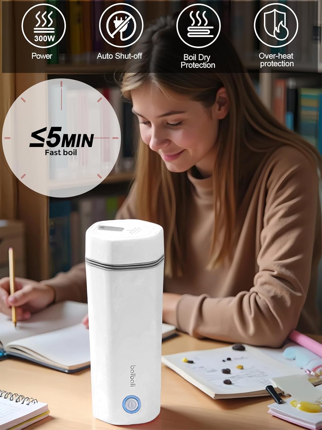 balbali Travel Kettle - 12oz Portable Electric Kettle for Boiling Water - Self Heating Cup/Thermos - Single Size Personal Tea Maker -Hot Water Boiler/Heater/Warmer - White