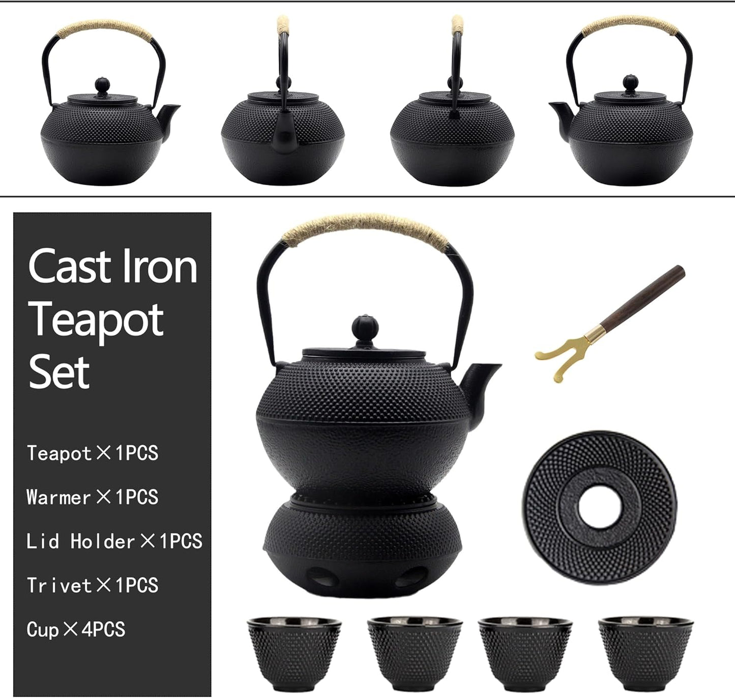 40.6oz Cast Iron Teapot Set with Cast Iron Warmer, Japanese Tetsubin Tea Kettle Set with Cups,Cast Iron Teapot with Stainless Steel Infuser and Enameled Interior for Stovetop Safe(1200ml)