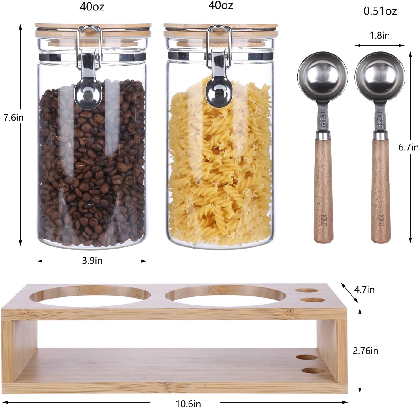 KKC Glass Coffee and Sugar Containers with Airtight Hinged Lids,Sealed Glass Jar Canisters with Scoops for Ground Coffee,Beans,Loose Leaf Tea,Nuts,Matcha,40 Fl oz