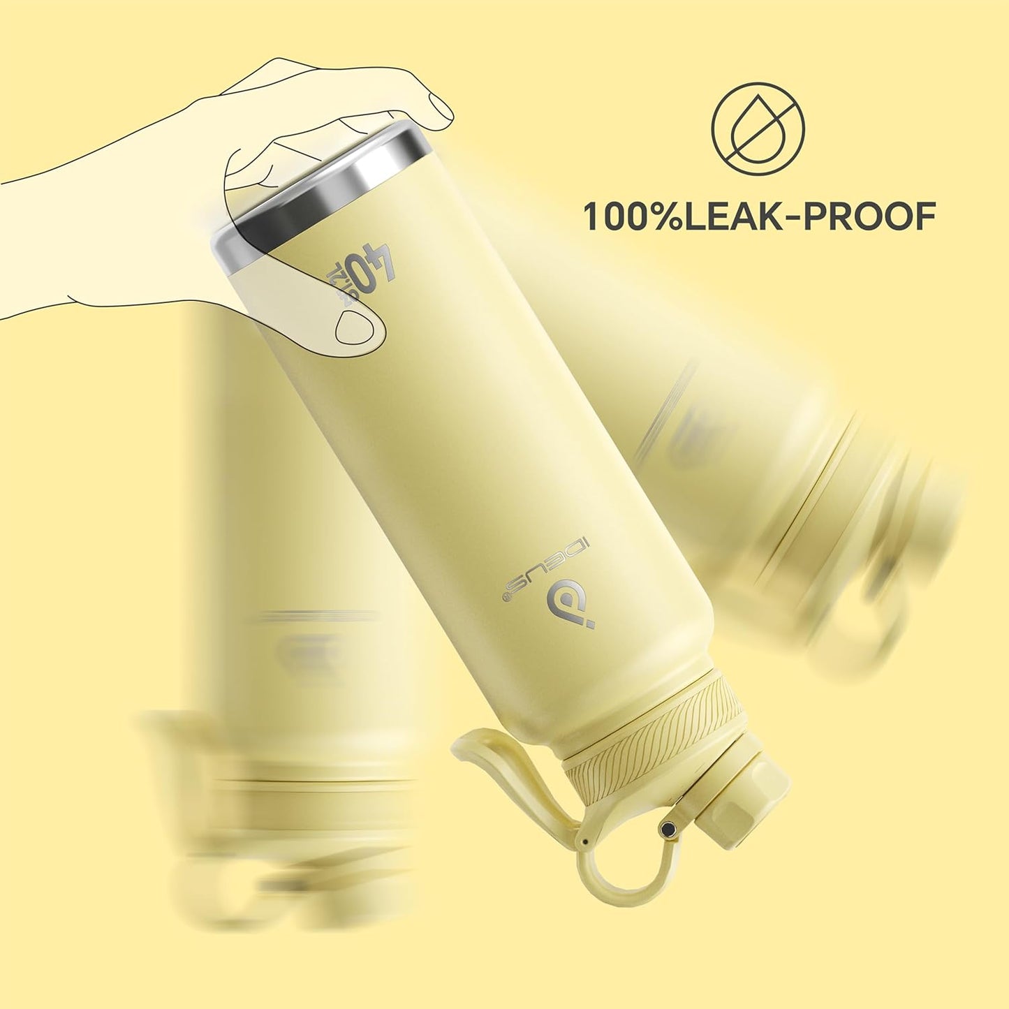 IDEUS Insulated Stainless Steel Water Bottle with 2 Leak-Proof Lids, Thermal Water Flask for Hiking Biking, 40oz, Light Yellow