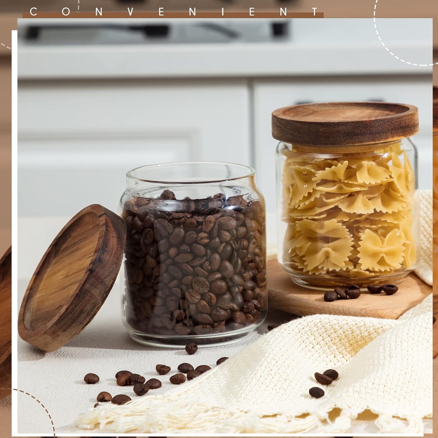 Irenare 16 Pcs 17 oz/ 500 ml Glass Canister Food Airtight Sealed Clear Borosilicate Glass Storage Jars with Lids Kitchen Spice Containers for Serving Coffee Sugar Tea Beans Candy Nuts Pantry (Wood)