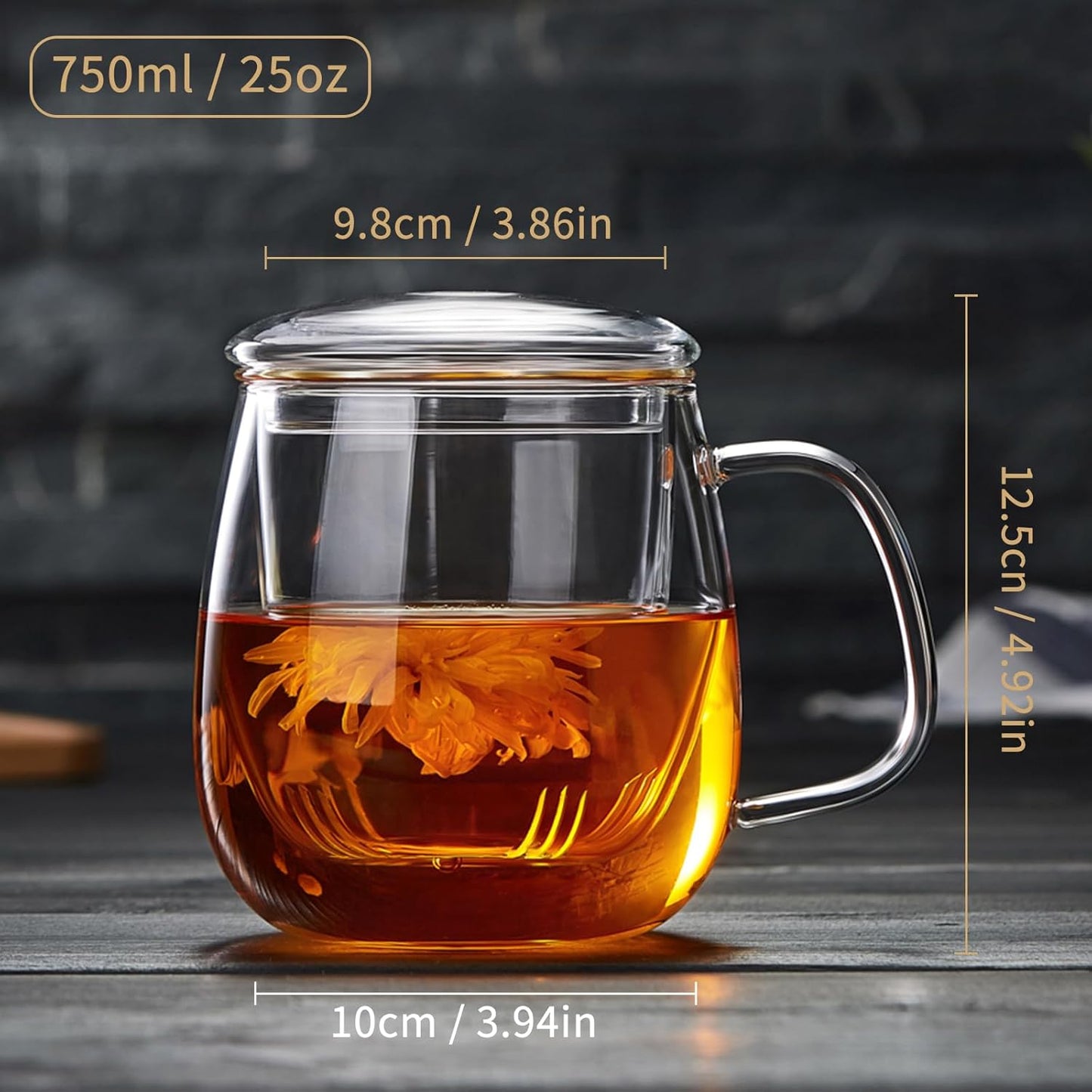 Large Glass Tea Cup, 25.6 oz Borosilicate Glass Tea Mug with Infuser and Lid, Clear Tea Cups for Brewing Scented Tea and Tea Bag