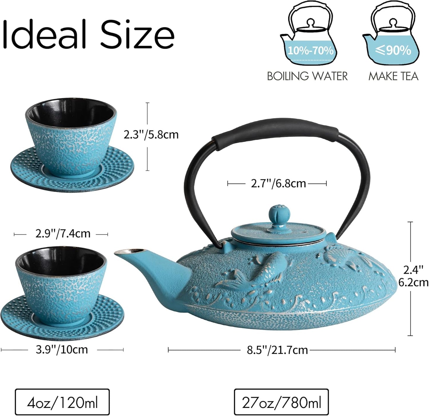 Cast Iron Teapot Set with 2 Tea Cups, Japanese Tea Kettle with Stainless Steel Infuser, Tea Pot Coated with Enameled Interior, Fish Pattern, 27oz 780ml Sky Blue