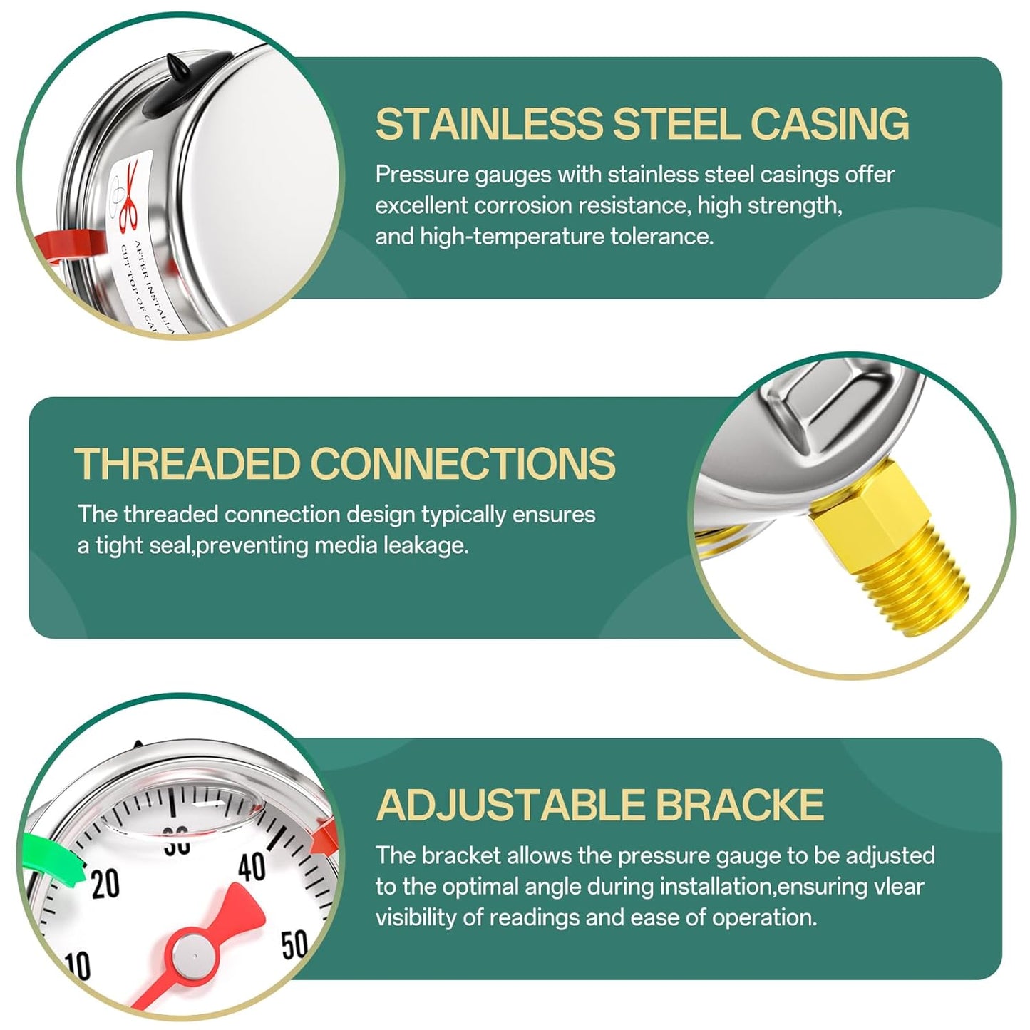 0-60psi Stainless Steel Glycerin Liquid Filled Pressure Gauge1/8 NPT 1.5" Dial, Lower Mount Designed for Pressure Testing of Water, Oil and Air (with Range Mark Pointer)
