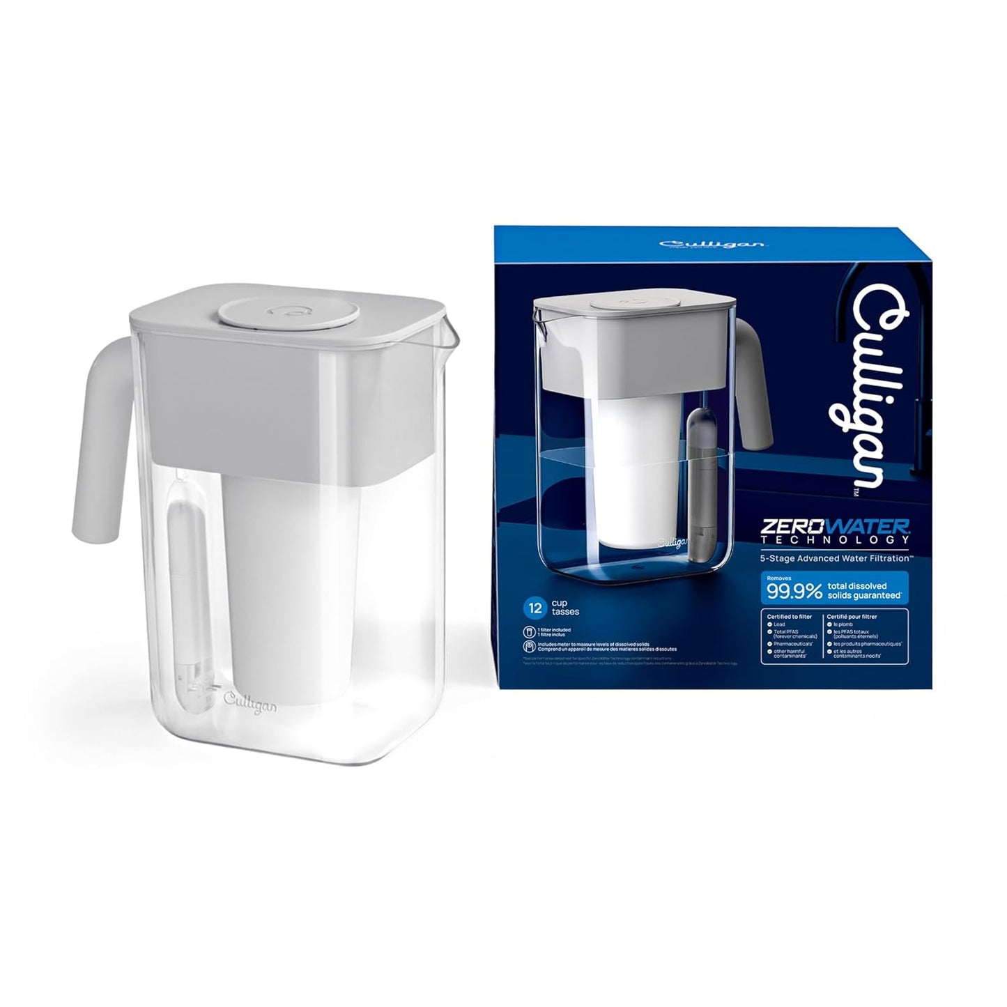 Culligan with ZeroWater Technology 12-Cup Water Filter Pitcher – Includes 5-Stage Advanced Water Filter, IAPMO Certified to Reduce Lead, Total PFAS (Forever Chemicals), Mercury, Fluoride, and Chlorine