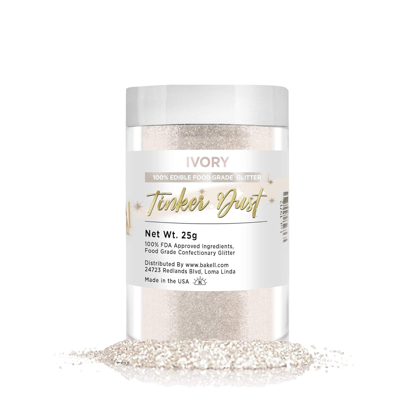 BAKELL Ivory Edible Glitter, 25 Grams | TINKER DUST Edible Glitter | KOSHER Certified | 100% Edible Glitter | Cakes, Cupcakes, Cake Pops, Drinks, Dessert Vegan Glitter & Dusts (25g, Ivory)