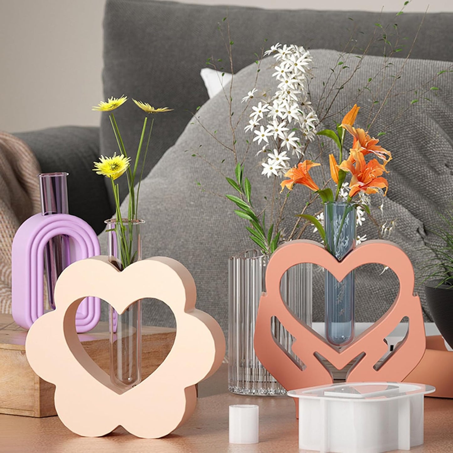 Heart Resin Vase Mold with Test Tube Culture Water Plant Silicone Molds for Crafts Epoxy Resin Casting Mold for DIY Flower Holder Home Office Decor Wedding (Style 1)