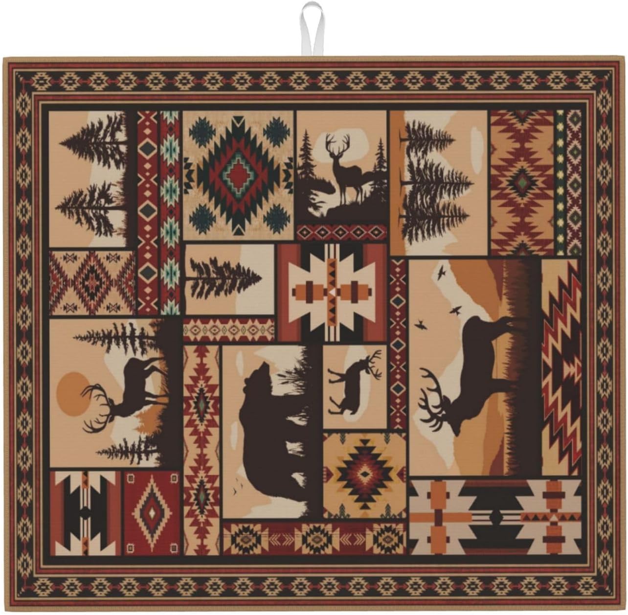 Western Wildlife Geometric Dish Drying Mat for Kitchen Counter, 16" x 18" Absorbent Microfiber Foldable Drying Pad for Dishes, Absorption, Washable, Decorative Rustic Kitchen Mat for Sink, Home Decor