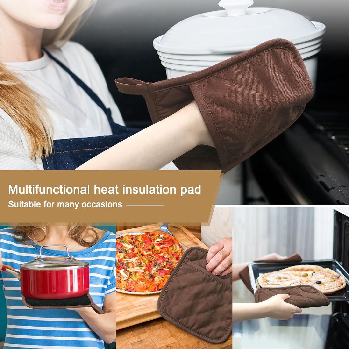 Cotton and Neoprene Oven Pads Pot Holders with Pocket 8"x8.5" Dual-Function Hot Pad Set for Finger Hand Wrist Protection Heat Resistant to 428°F Brown