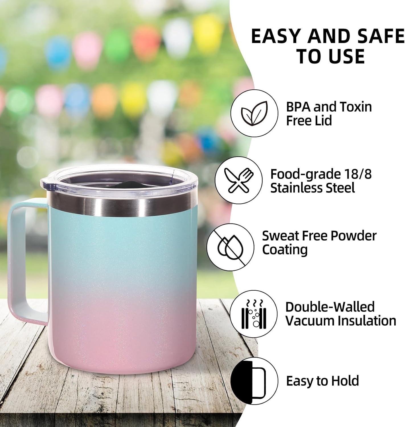 Volhoply 14oz Insulated Stainless Steel Coffee Mug with Lid Bulk 2 Pack,Double Wall Vacuum Travel Coffee Cup with Handle,Reusable Cups Tumbler,Camping Mugs Keep Hot,Ideal Gifts(Green Pink,2)