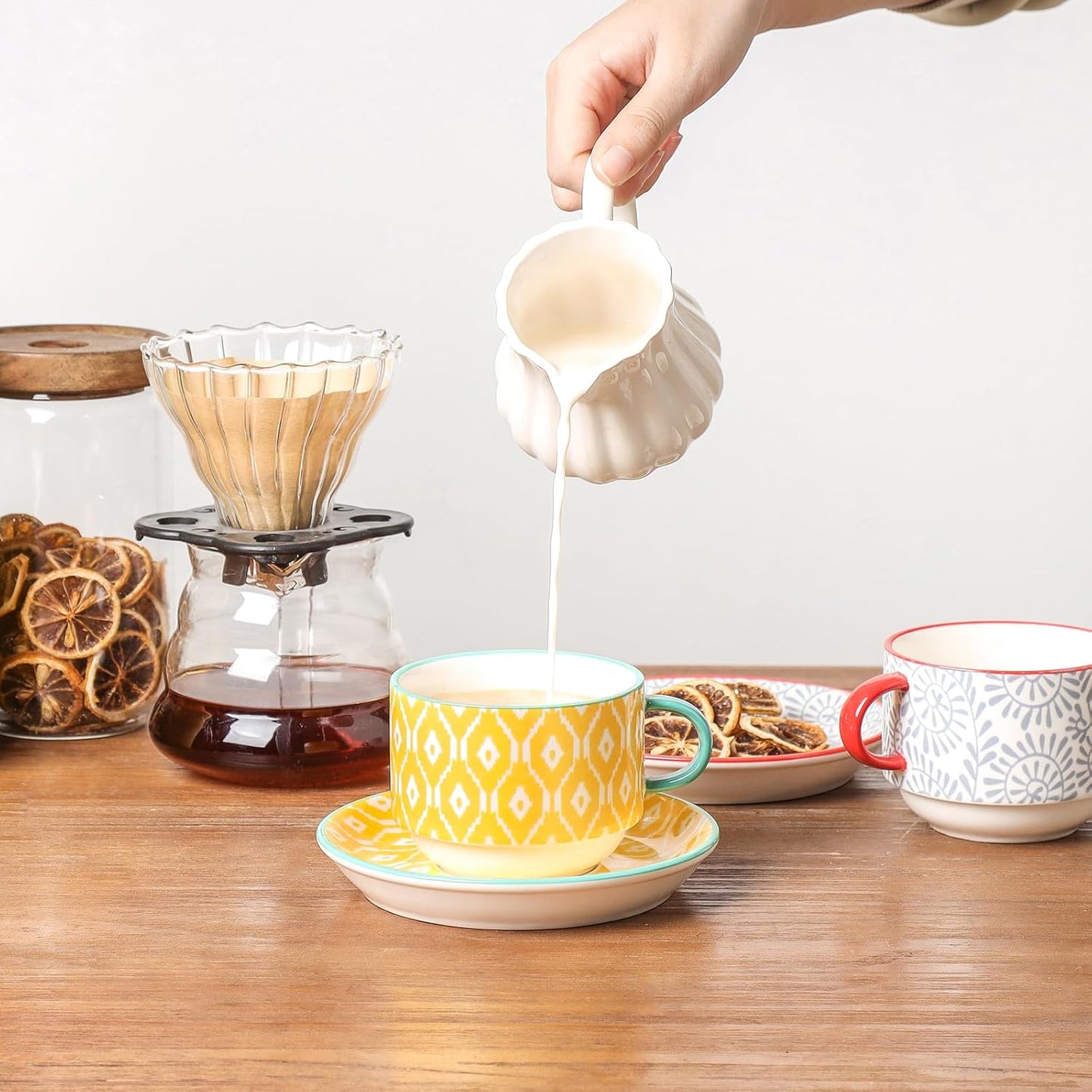 Selamica Ceramic Cappuccino Cups with Saucers and Metal Stand, 8 OZ Stackable Espresso Coffee Cups for Coffee, Latte, Americano, Tea, Set of 4, Assorted Colors