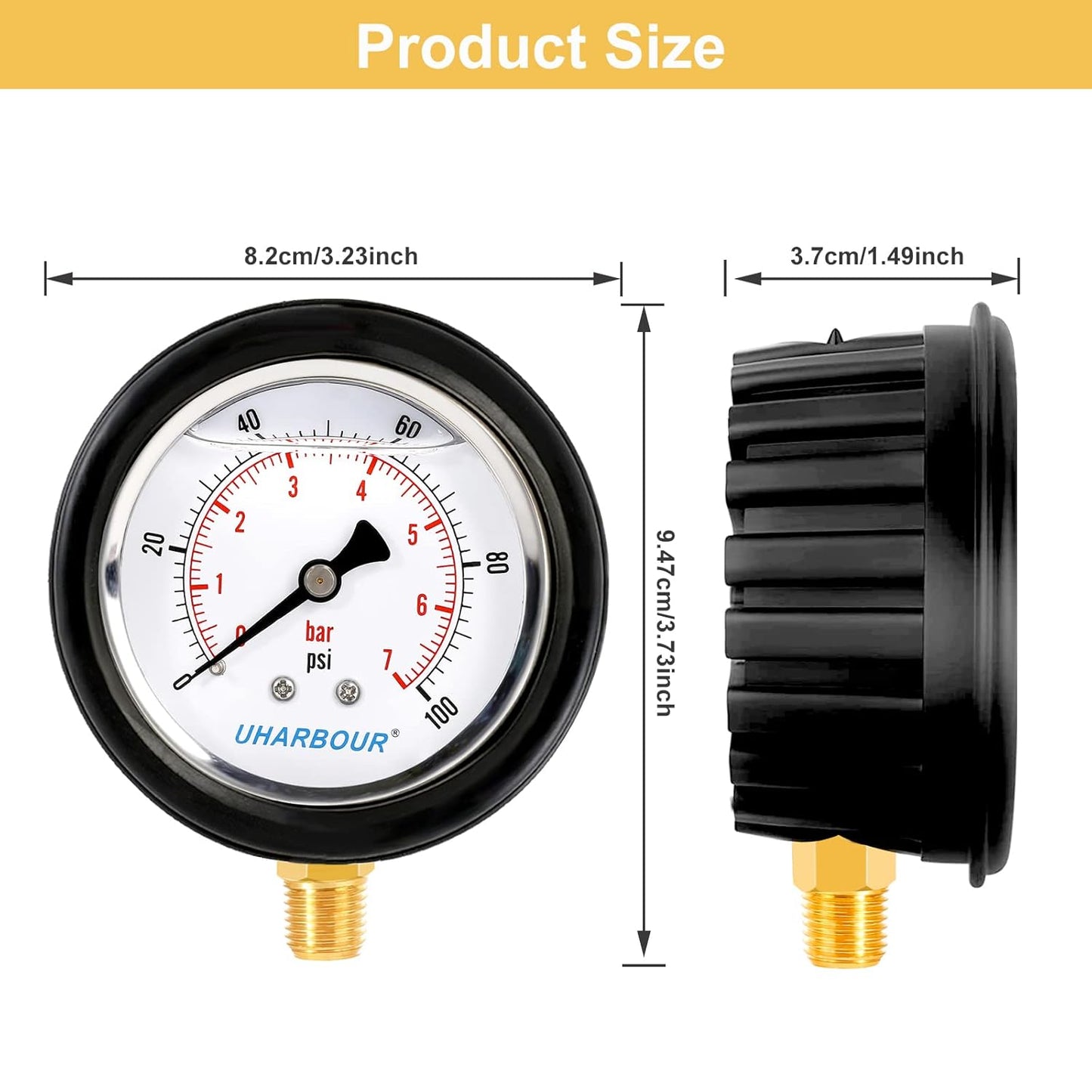 Water Pressure Gauge 2-1/2" Dial Liquid Filled 0-100PSI, Rubber Protective Case, 1/4" NPT Lower Mount, Including 1/4" to 1/8" Thread Adapter and Teflon Tape