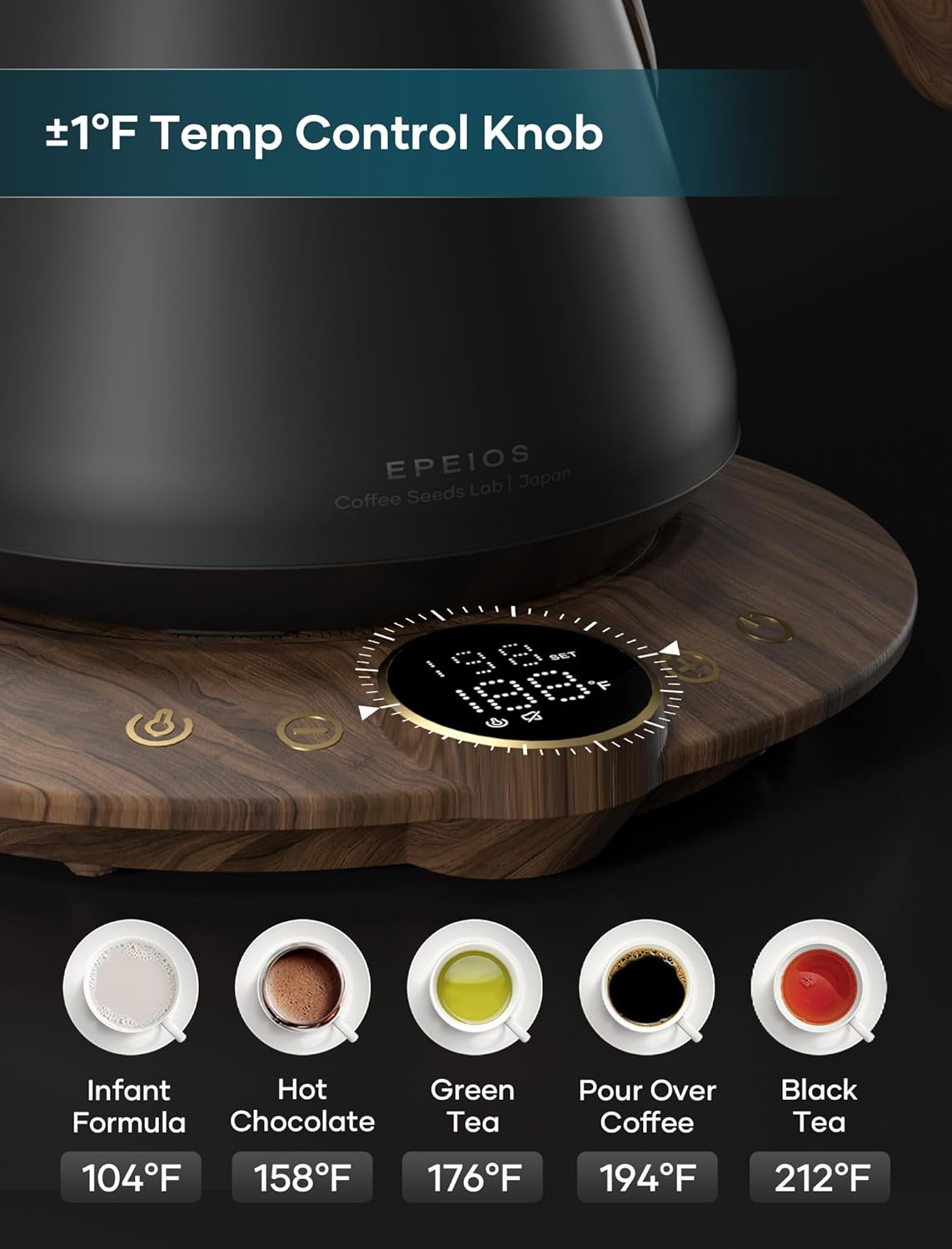 Electric Kettles, INTASTING Gooseneck Electric Kettle, ±1℉ Temperature Control, Stainless Steel Inner, Quick Heating, for Pour Over Coffee, Brew Tea, Boil Hot Water, 1500W/0.9L (Glossy Black)