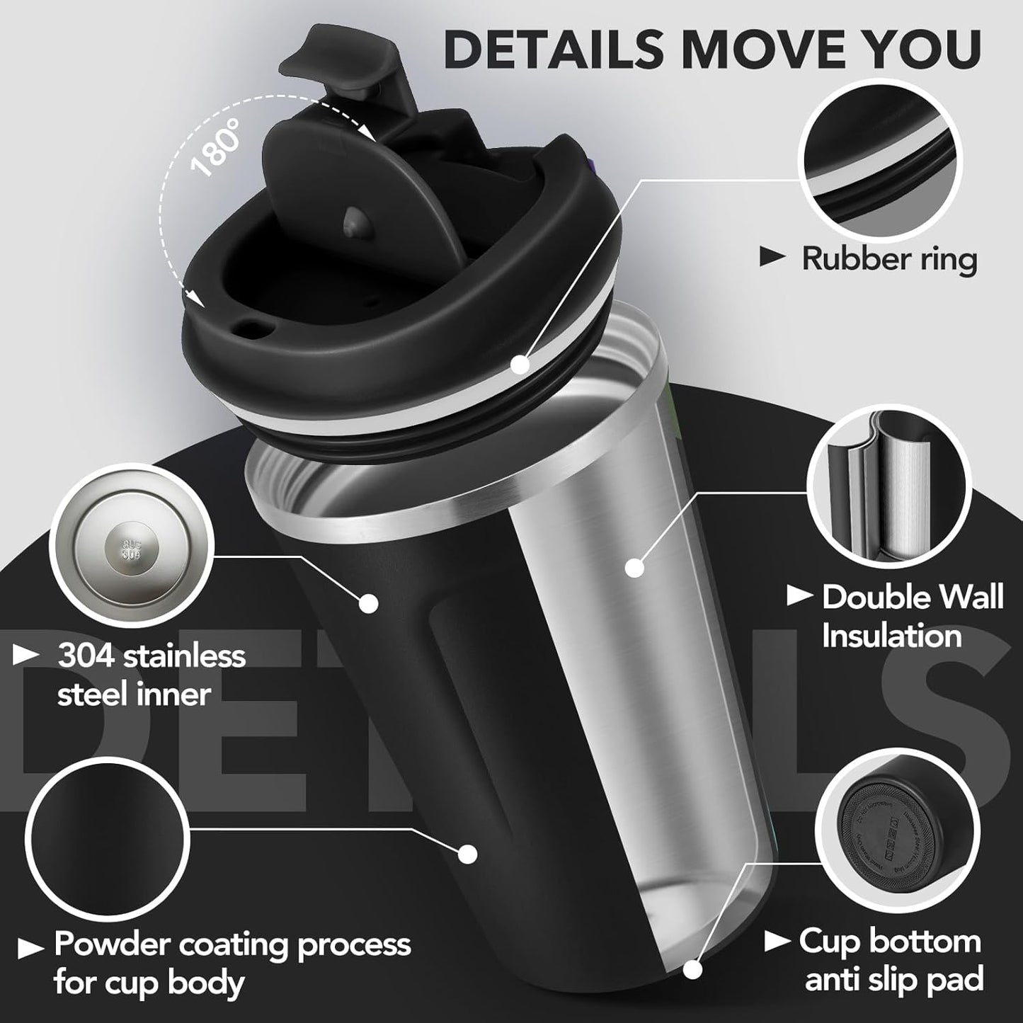 Volhoply 12 oz Double Wall Insulated Vacuum Travel Coffee Mug with Flip Lid Bulk 4 Pack,Reusable Stainless Steel Leak Proof Coffee Cups,Portable Cafe Thermal Tumbler for Hot & Cold Drinks(Black,4 Set)