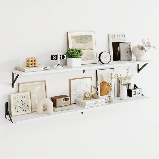 Dreamland 8 inch Deep Floating Shelves for Wall, 55W x 8D Wall Mounted Shelves Set of 2, Wide Display Ledge Shelf with Sturdy Metal Brackets for Living Room, Bathroom, Bedroom and Kitchen, White