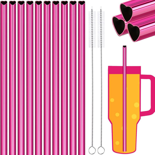 NiHome 10-Pack Heart-Shaped Stainless Steel Drinking Straws with 2 Cleaning Brushes, 12" Long Reusable Straws for Stanley Tumbler 30oz 40oz, Dishwasher Safe, Safe Edges for Kids (Pearl Hot Pink)