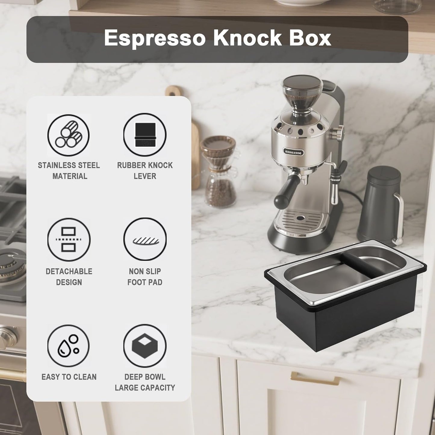 Espresso Knock Box, Coffee Knock Box for Espresso Grounds Disposal, Large Capacity, Equipped with Noise, Reduction Rubber Ring & Steel Holder, Ideal Tool for Espresso Machines, Black (Large)