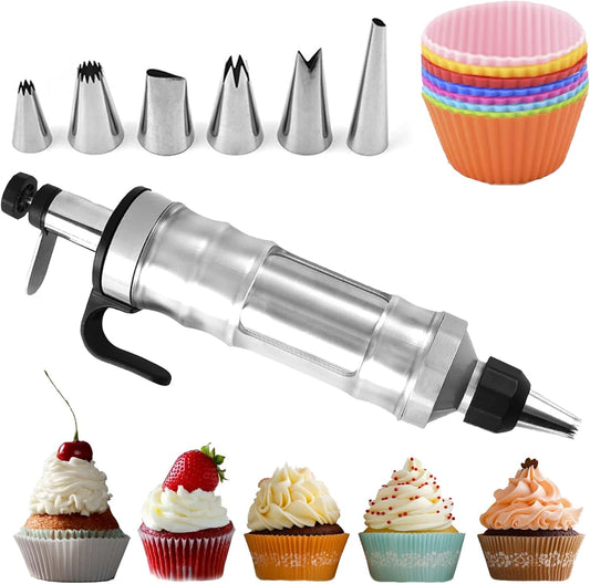FANTEXY Dessert Decorating Syringe Set, Icing Piping Kit Stainless Steels Cake Decorating Tools 6 Piping Icing Nozzles Cupcake Decorating Kit