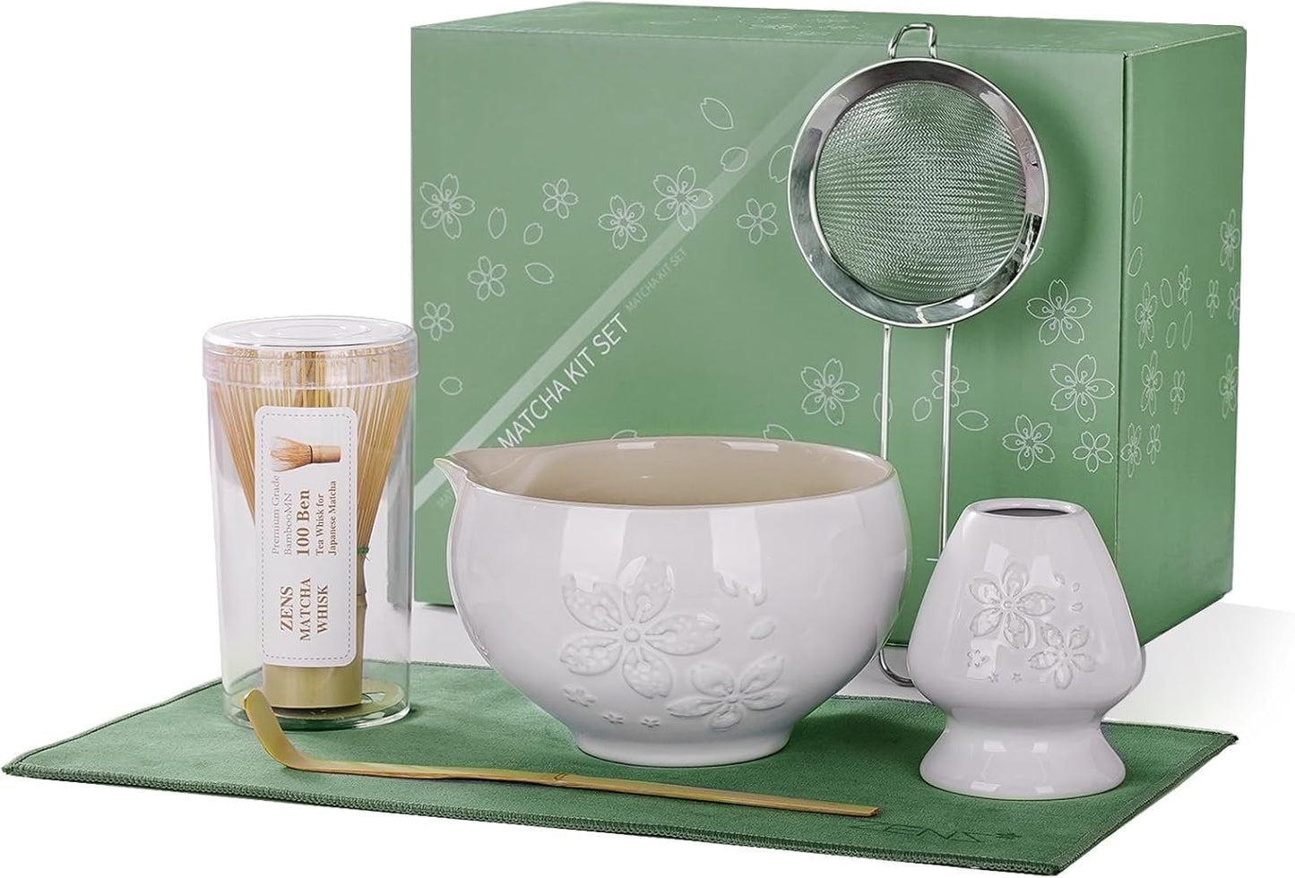 ZENS Matcha Whisk Set, Ceramic Matcha Set Includes 15oz Sakura Bowl, Bamboo Whisk & Chasen Holder, Scoop & Sifter-Tea Towel, 6pcs Matcha Kit for Matcha Lovers, White