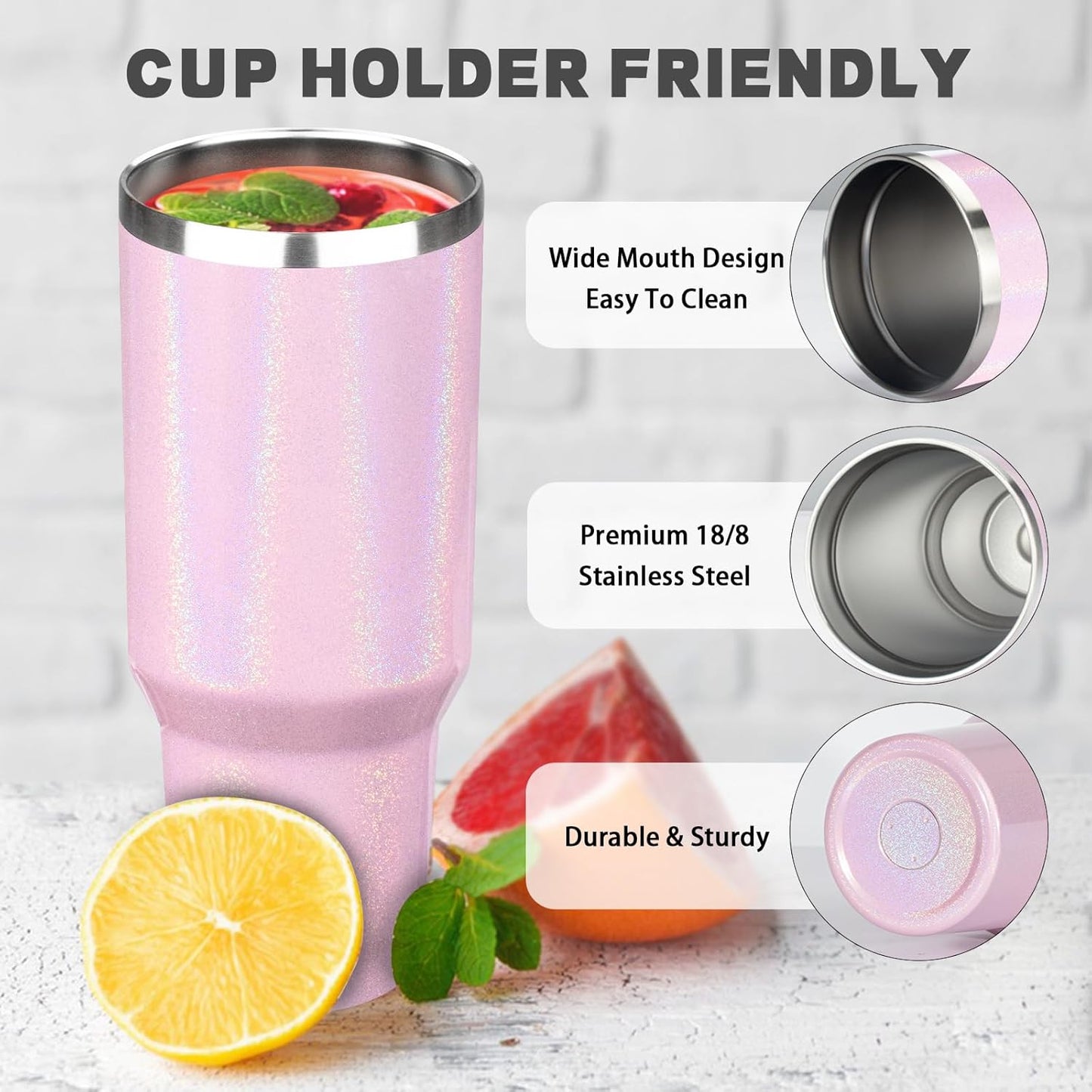 40 oz Tumbler with Lids and Straws, Stainless Steel Insulated Coffee Tumbler, Double Wall Vacuum Insulated Travel Mug Cup, Leakproof Thermal Coffee Cup for Hot and Cold Drinks (Glitter Pink)