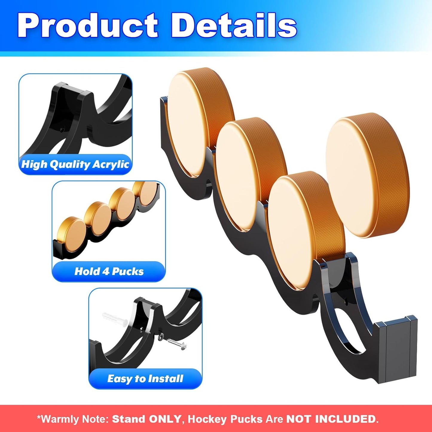 Cosmos 2 Pcs Hockey Puck Display Case Acrylic Hockey Puck Holder for 4 Pucks, Wall Mount Ice Hockey Puck Display Shelf Storage Rack for Collecting Pucks and Room Decoration, 14.6 x 2.2 x 1 in (Black)