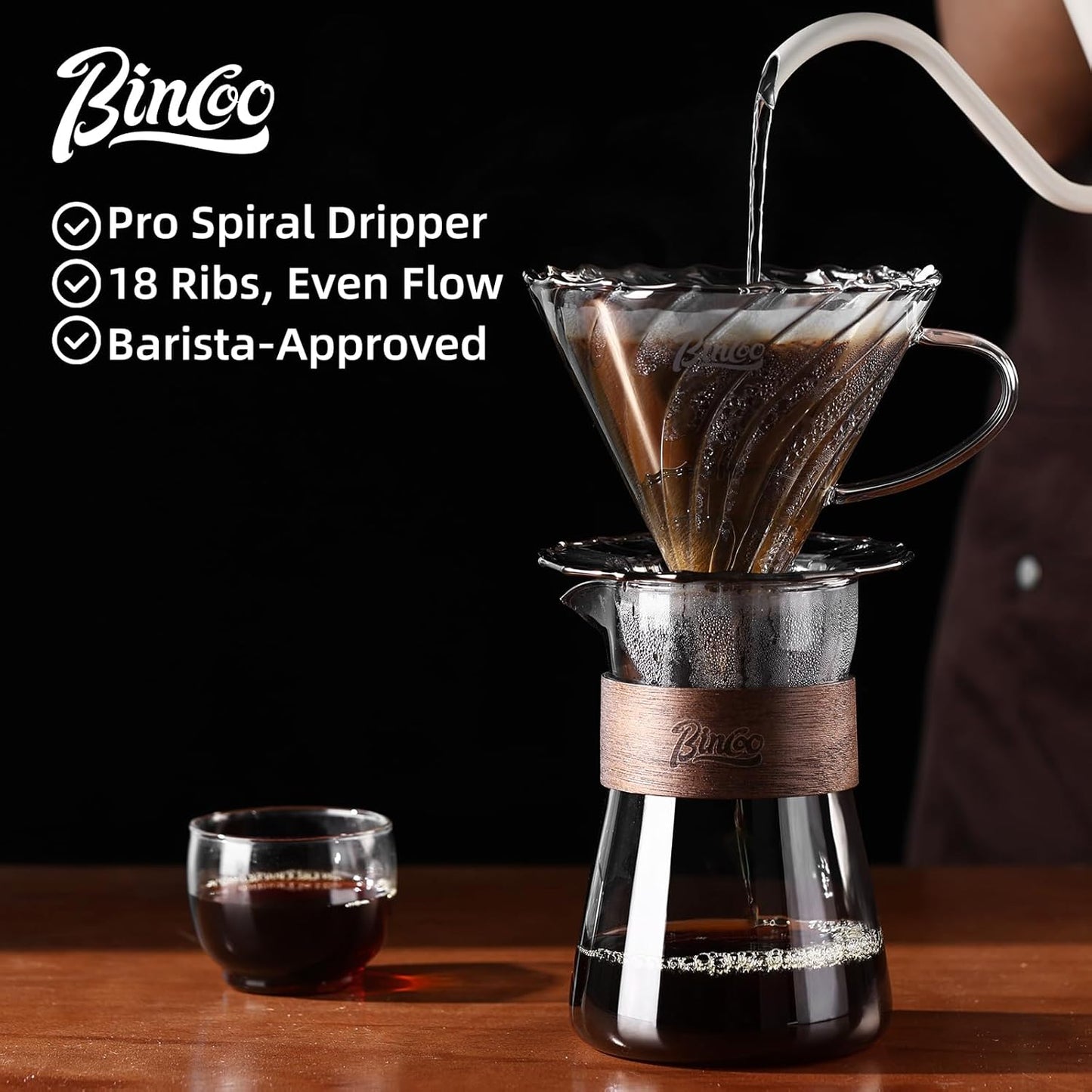 Bincoo Pour Over Coffee Dripper Set, Drip Coffee Maker, Included Borosilicate Glass Carafer and Coffee Dripper & 50 Pcs Size 02 Paper Filter, 16oz(500ml) (Smoky Gray Set)