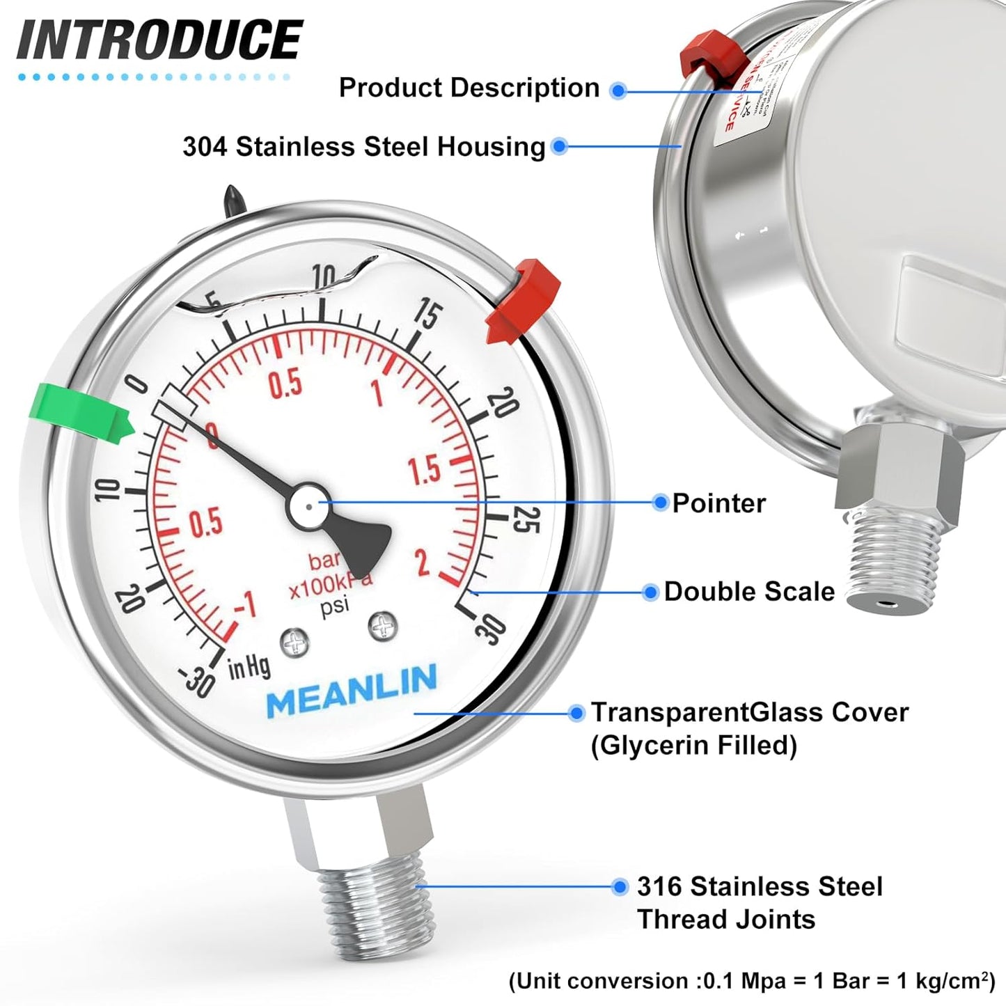 MEANLIN MEASURE -30inHG~30Psi Vacuum Pressure Gauge 316 Stainless Steel Joint 1/4"NPT 2.5"FACE DIAL, Liquid Filled Pressure Gauge WOG Water Oil Air Lower Mount with Stainless Steel Hex Bushing, Snaps