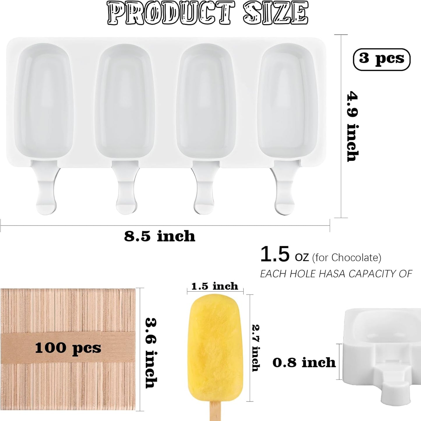 Sakolla Small Popsicle Silicone Molds, 4 Cavities Homemade Ice Cream Molds with 100 Wooden Sticks for Ice Pop, Cakesicles, Cake Pop (Set of 3, White)