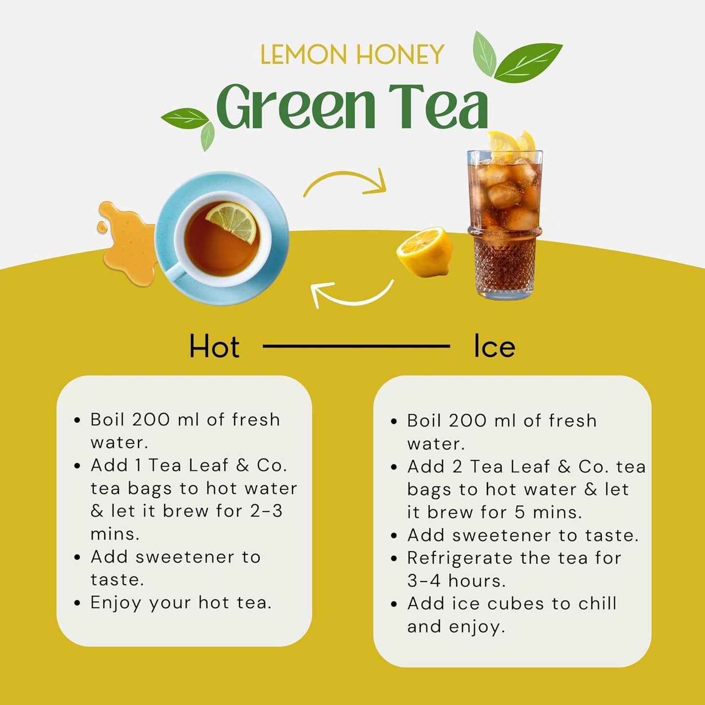 Tealeaf & Co. Honey Lemon Green Tea with Lemon & Honey Extract, Lemongrass, Licorice & Chamomile - Organic Green Tea Bags with Fresh Herbs and Spices - 100 Teabags (7.055oz/200gm)