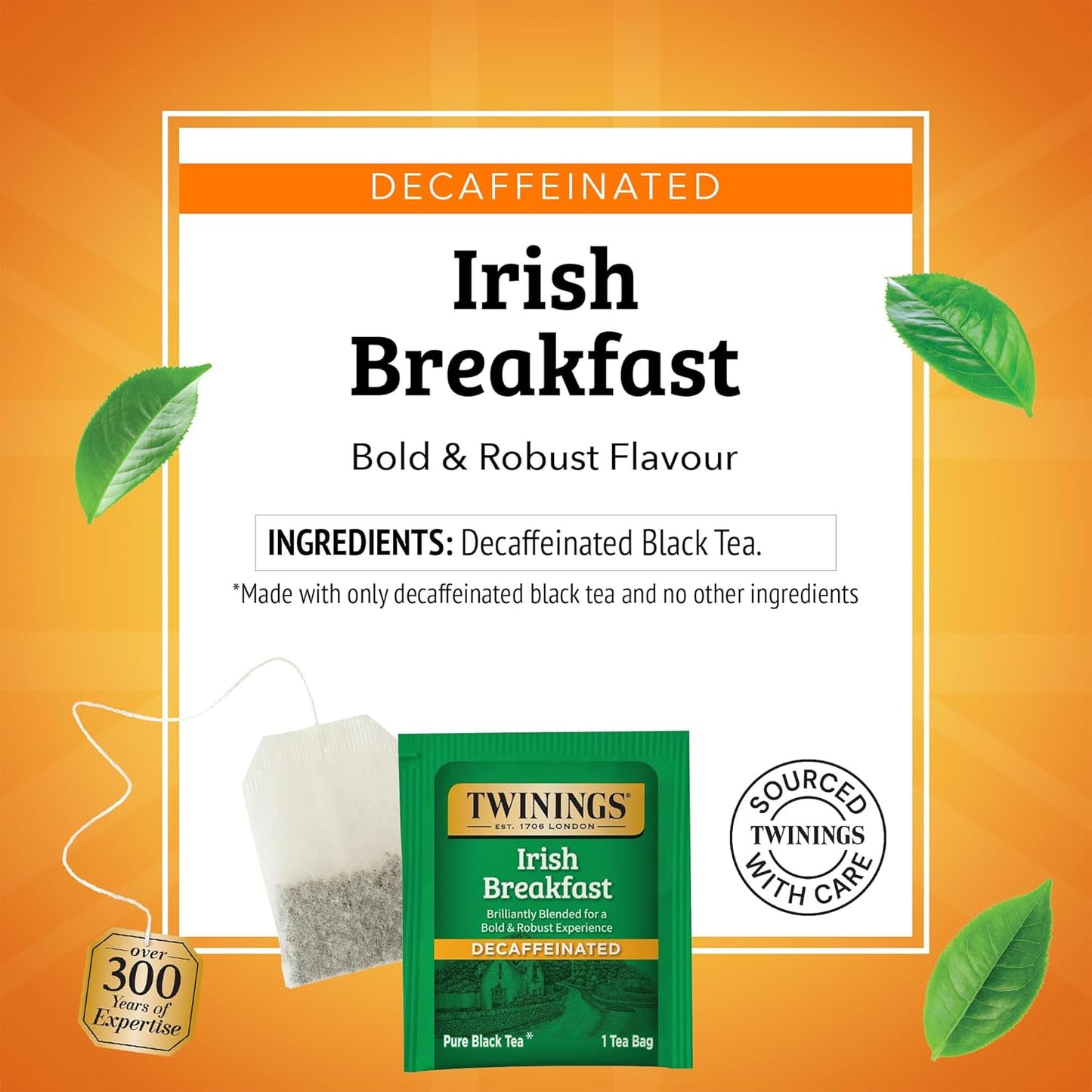 Twinings Decaffeinated Irish Breakfast Black Tea Individually Wrapped Bags, 20 Count (Pack of 1), Flavourful, Robust, Enjoy Hot or Iced, 20 Teabags