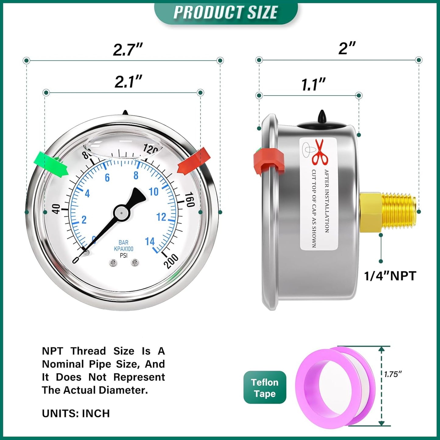 0-200psi Stainless Steel Glycerin Liquid Filled Pressure Gauge 1/4" NPT 2.5" Face Dial Center Back Mount, for Water, Oil and Air Pressure Testing (with Range Mark Pointer)