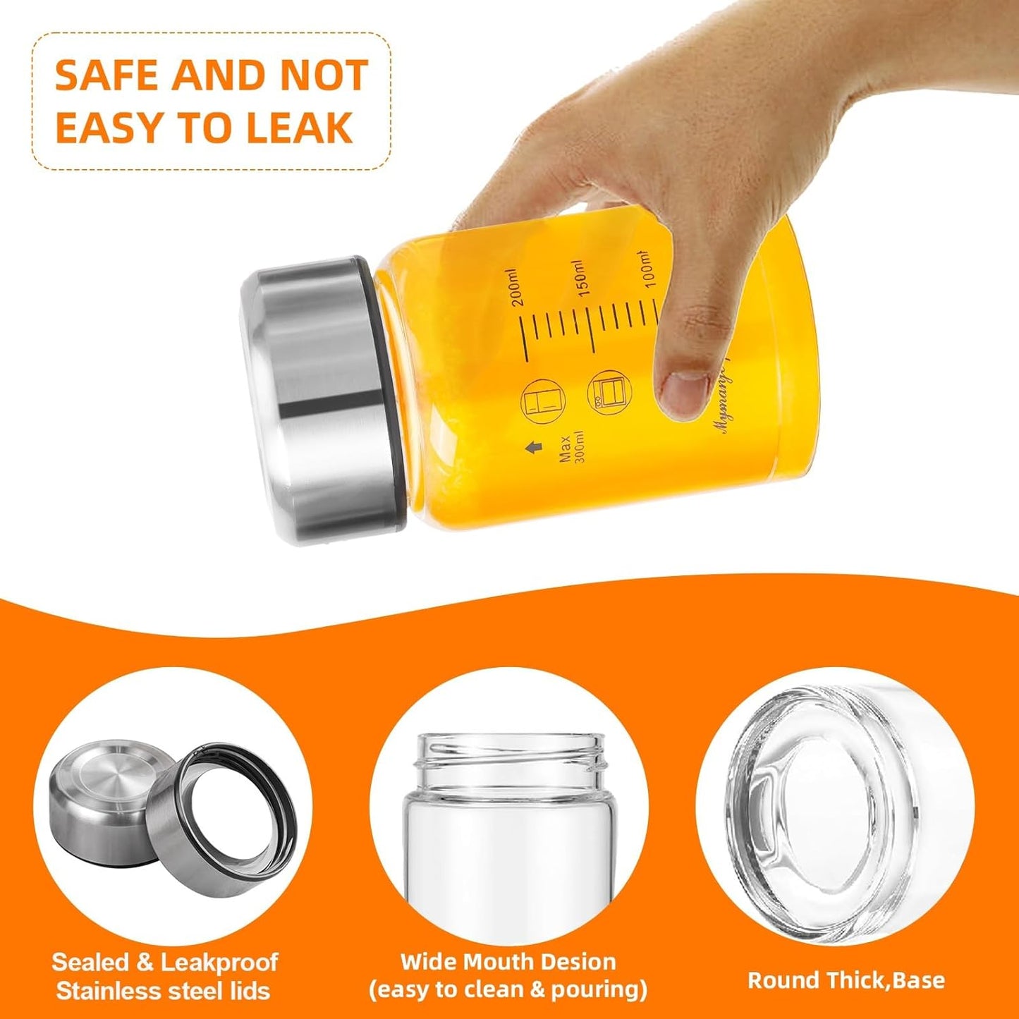 Glass Juice Bottles 6 Pack 10 oz - Wide Mouth Glass Water Bottles with Lids - for Juicing, Smoothies, Milk, Protein, BPA Free, Reusable, Stainless Steel Lids, Leak Proof, Shaker bottle (10oz/300ml)