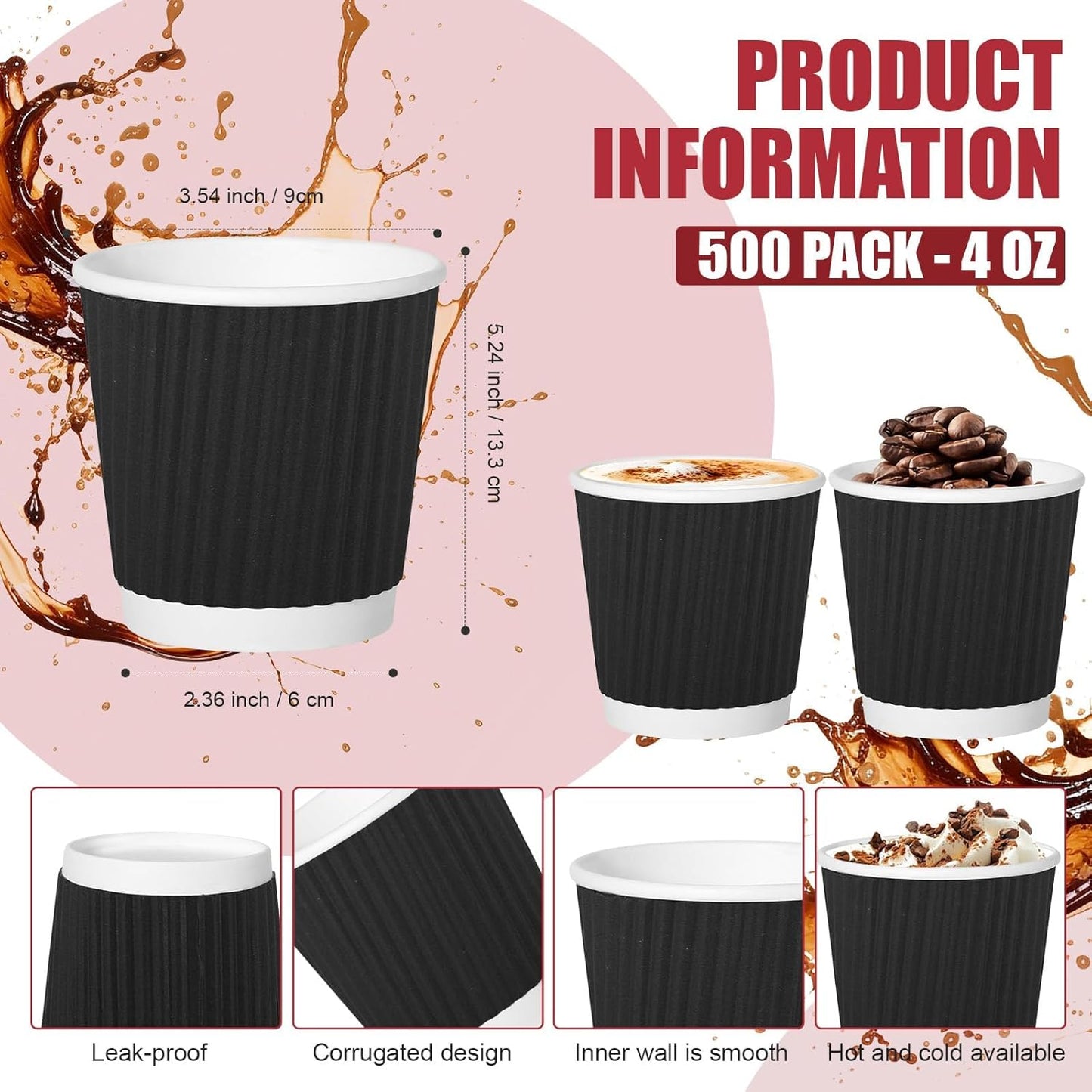 240Pack Paper Espresso Coffee Cups, 4 oz Disposable Coffee Cups,Corrugated Insulated Ripple Wall, Paper Ripple Cups for Coffee, Hot Chocolate and Hot Tea Drinks -Black