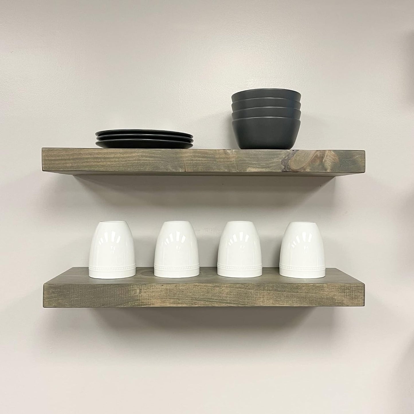 URBANDI, Rustic Floating Shelves, Set of 2, Hidden Bracket, Solid Wood, Heavy Duty, Wall Mounted Shelves, (Grey, 12Wx10D)