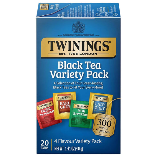 Twinings Variety Pack Black Tea Bags, 20 Count (Pack of 1), Includes English Breakfast, Earl Grey, Irish Breakfast, and Lady Grey, Caffeinated, Enjoy Hot or Iced, 20 Teabags