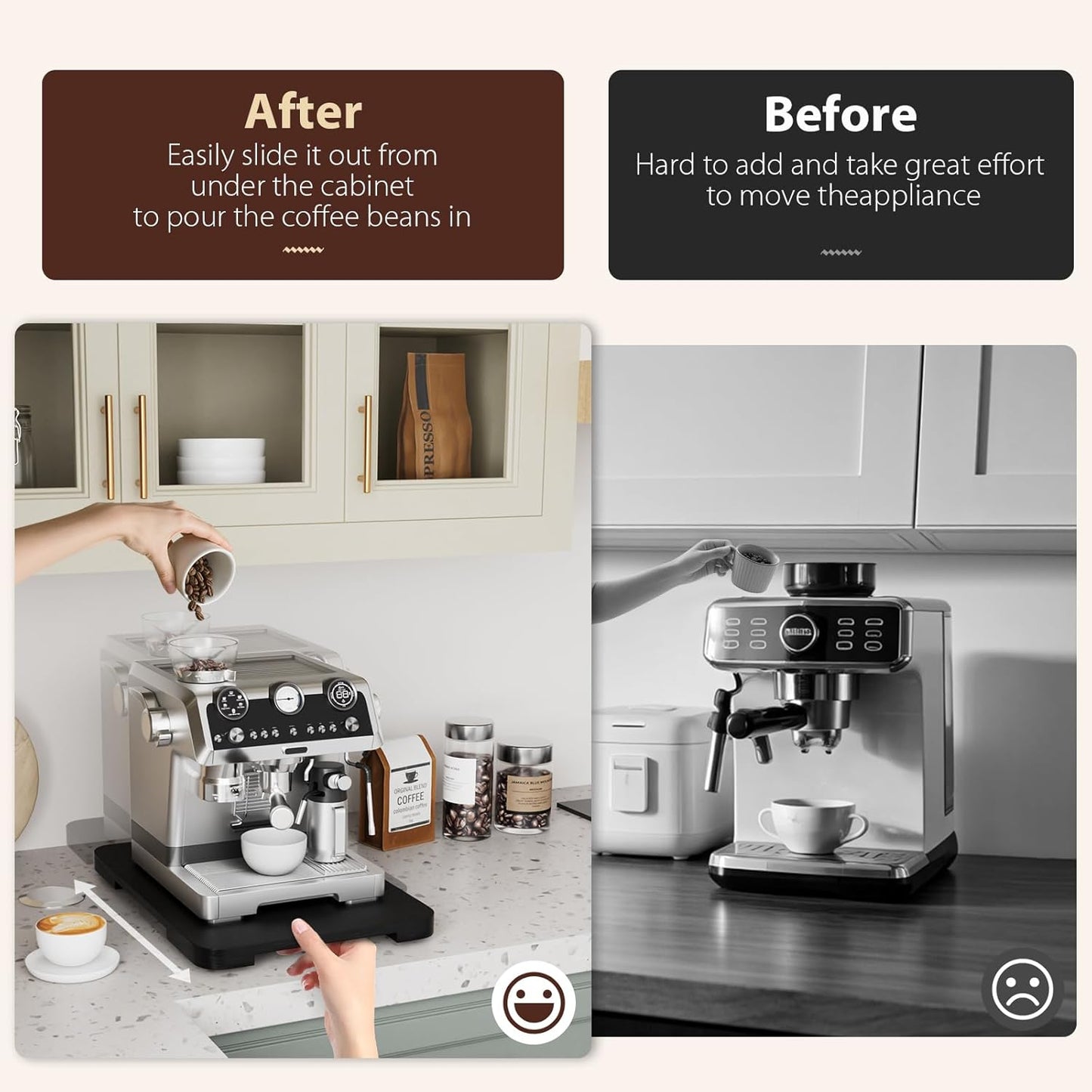 GuanQiao 360° Rotation Appliance Slider for Coffee Maker & Heavy Kitchen Appliance, Bamboo Rolling Tray for kitchen Counter, Sliding Tray with Premium Wheels (Black, 13.9"× 9.4")