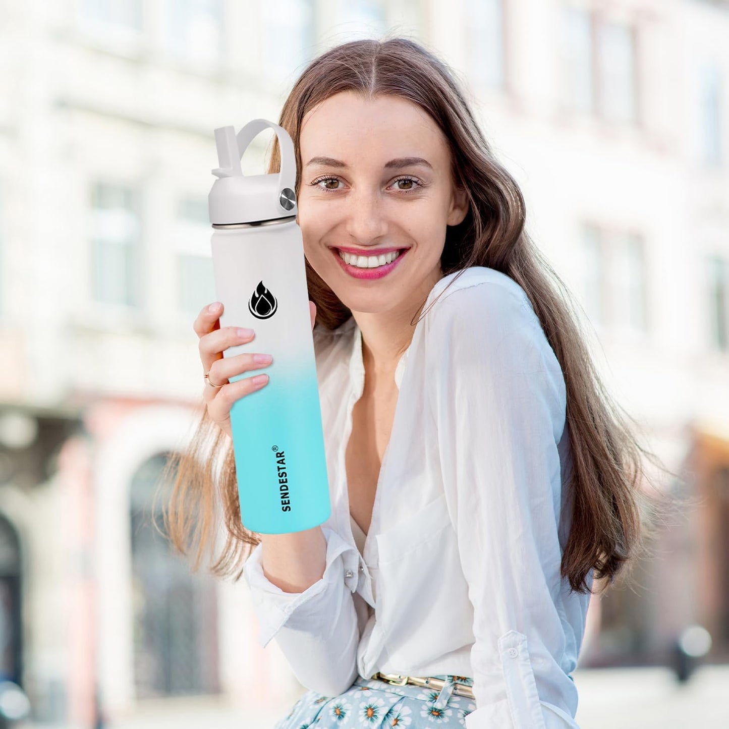 SENDESTAR Water Bottle 40oz Double Wall Vacuum Insulated Leak Proof Stainless Steel Sports Water Bottle—Wide Mouth with New Flex Straw Lid & Spout Lid (White&Tiffany)