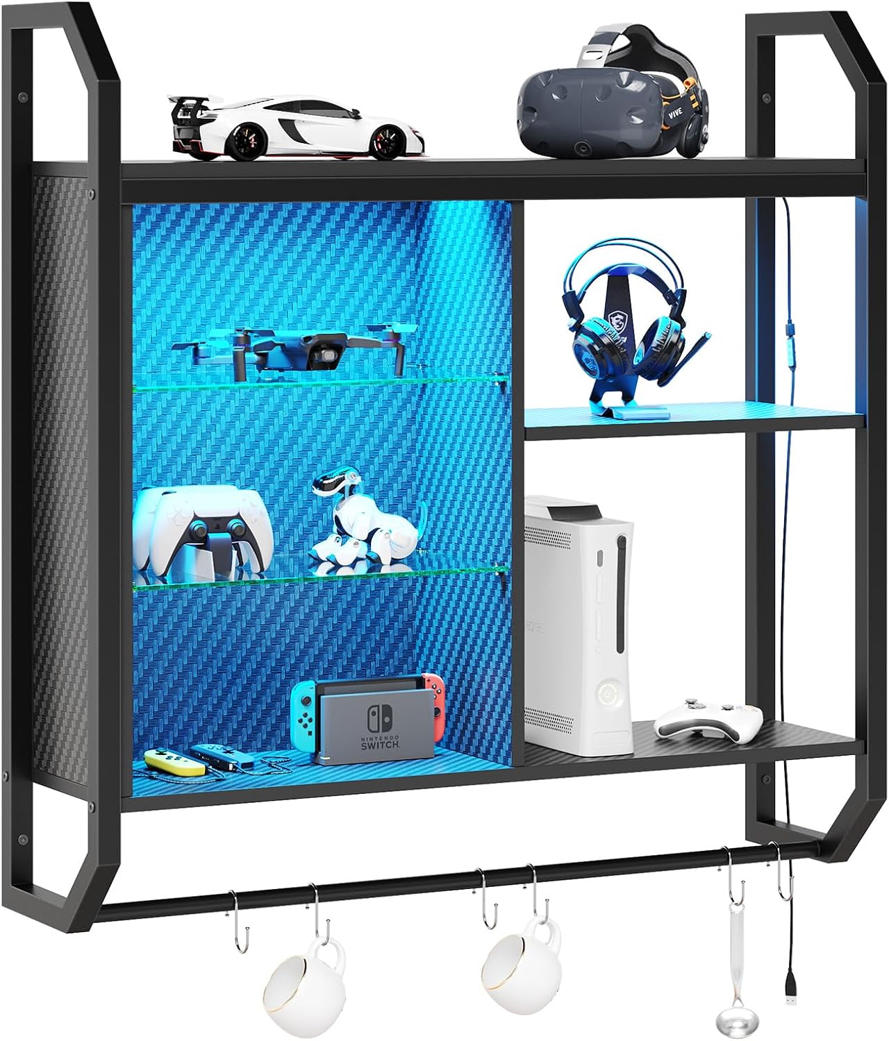 Bestier LED Gaming Floating Shelves, 34" Wall Mounted Shelf Pipe Shelves Hanging Display Rack Bookshelf with 6 S-Hook, Gaming Room Decor Wine Coffee Bar, Black Carbon Fiber