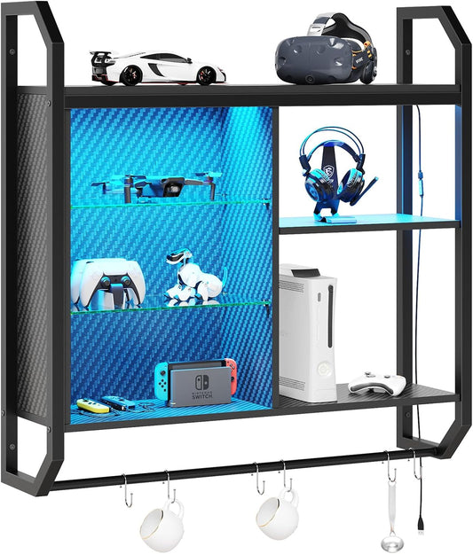Bestier LED Gaming Floating Shelves, 34" Wall Mounted Shelf Pipe Shelves Hanging Display Rack Bookshelf with 6 S-Hook, Gaming Room Decor Wine Coffee Bar, Black Carbon Fiber