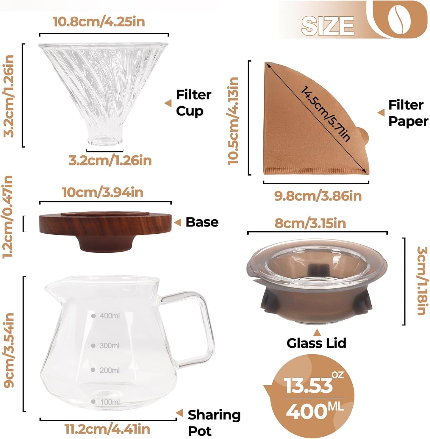 Pour Over Coffee Maker 400ml Borosilicate Glass Drip Coffeemaker Server Set with 50pcs V60 Cone Paper Filters Walnut Collar Glass Lid Clear Hand Brew Dripper Carafe for Home Camping Travel 13.53oz