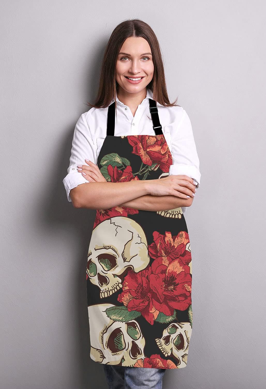 Skull Apron for Women and Men, Flowers Skull Adjustable Kitchen Chef Apron for Cooking Baking - Cute Birthday, Anniversary, Mother's Day Apron Presents for Mom Wife Girlfriend Aunt Grandma