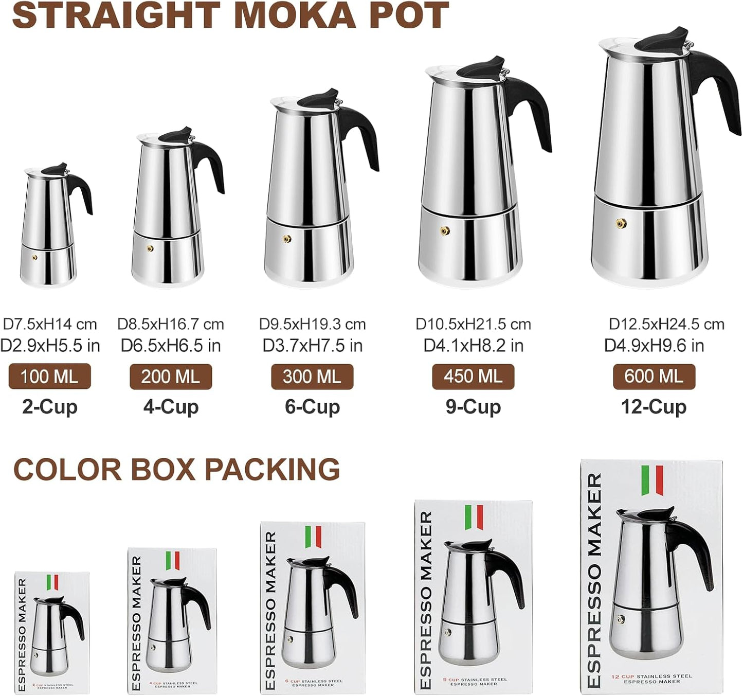 4 Cup Stovetop Espresso Maker Stainless Steel Moka Pot Stove Top Percolator Italian Coffee Makers Capable Mocha Greca Machine Cafe Classic Induction Cookers for Home and Camping 200ml 6.6oz