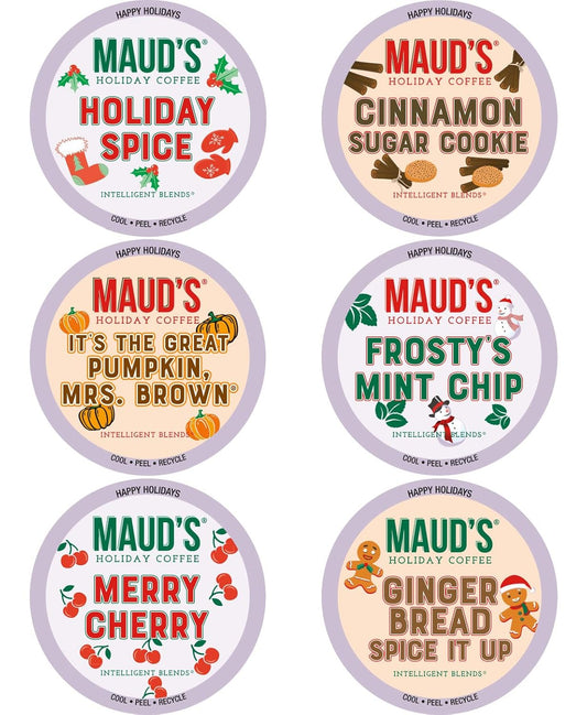 Maud's Holiday Blend Coffee Pods Variety Pack, 42 ct, 6 Assorted Flavors, Medium Roast Coffee in Recyclable Single Serve Pods – 100% Arabica Coffee, Compatible with Keurig K Cups Maker