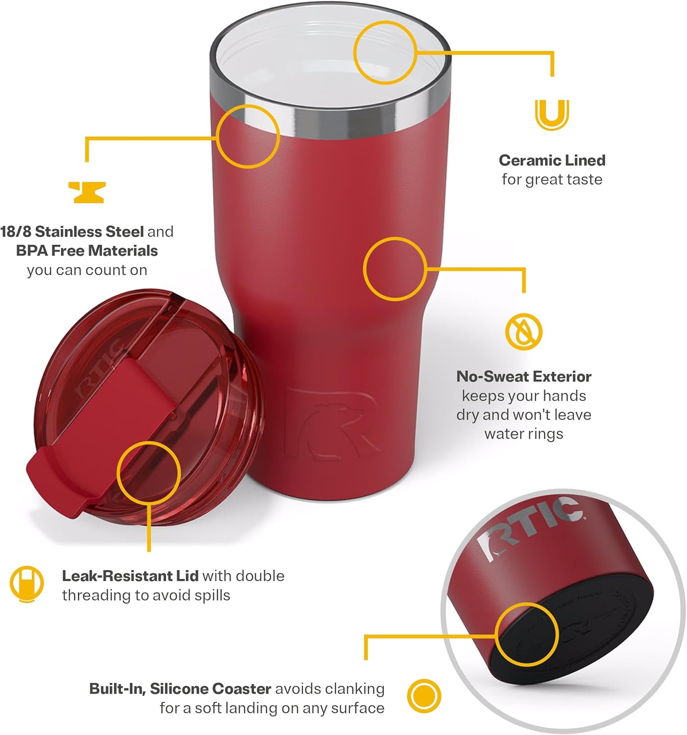 RTIC 20oz Essential Tumbler with Lid, Insulated, Stainless Steel, Metal, Double Wall Vacuum-Insulation, Ceramic Lined, Travel Cup for Iced Coffee, Tea, Hot and Cold Drink, Flag Red