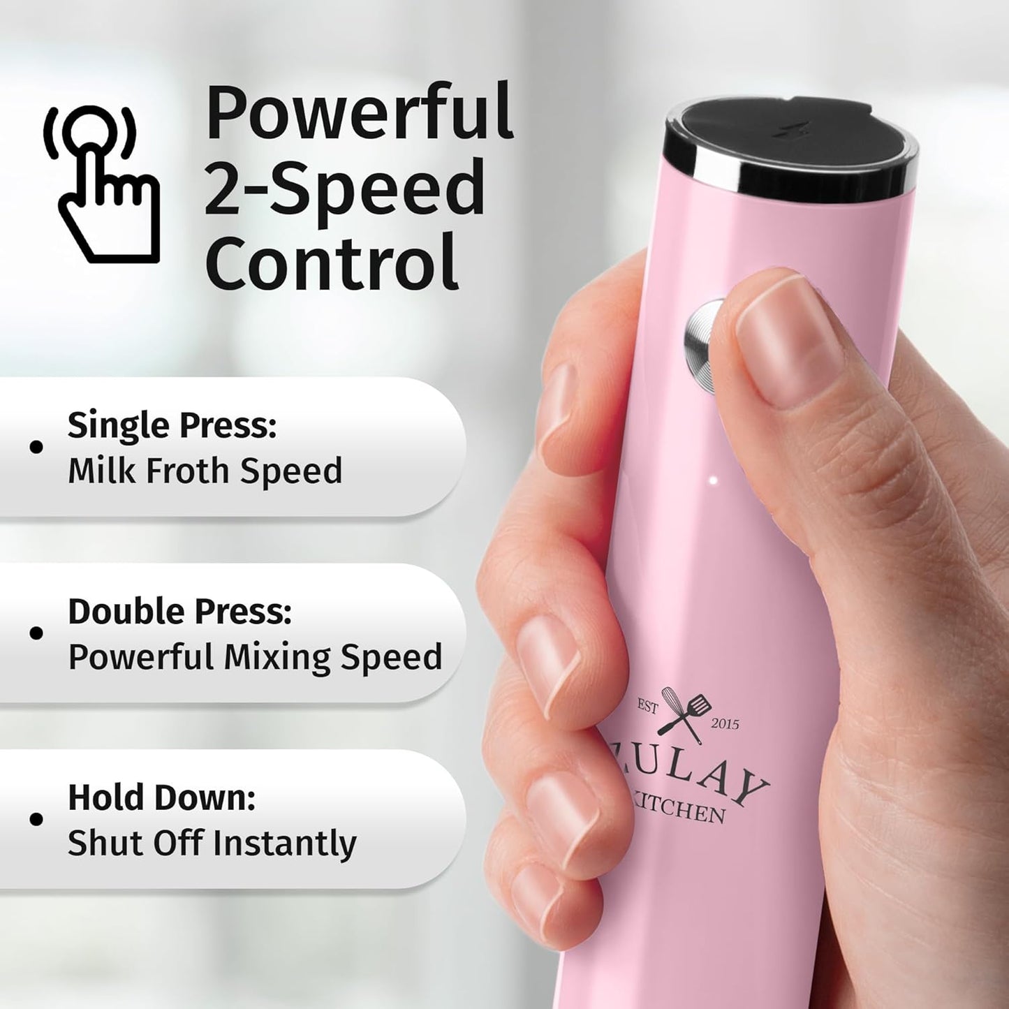 Zulay Kitchen Lux Rechargeable Milk Frother Handheld - Powerful 2-Speed Motor, Fully Waterproof, 2000mAh Battery - Drink Mixer For Latte, Cappuccino, Matcha, Protein Powder - Pink
