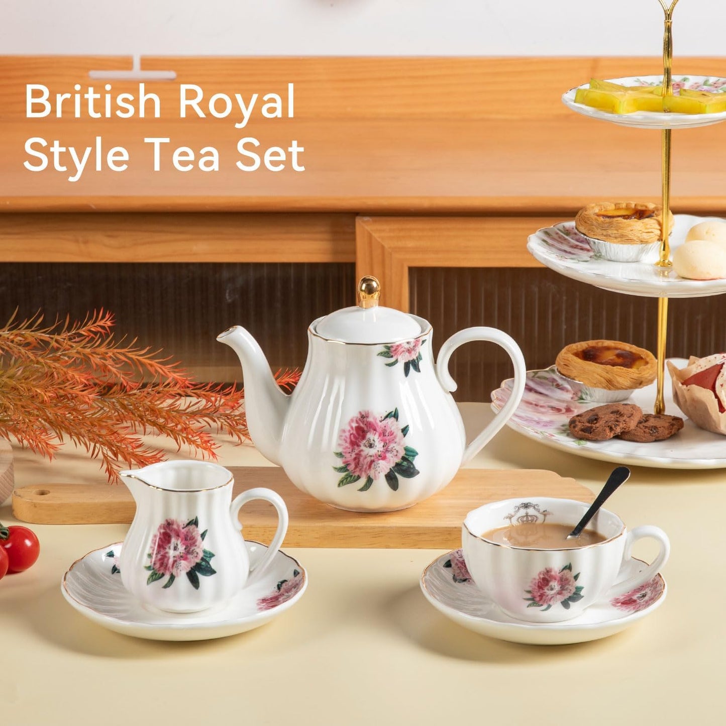 Porcelain Tea Sets British Royal Series, 8 OZ Cups & Saucer Service for 6, with Teapot Sugar Bowl Cream Pitcher Teaspoons and Tea Strainer, Suitable for High Tea, Wedding, Party