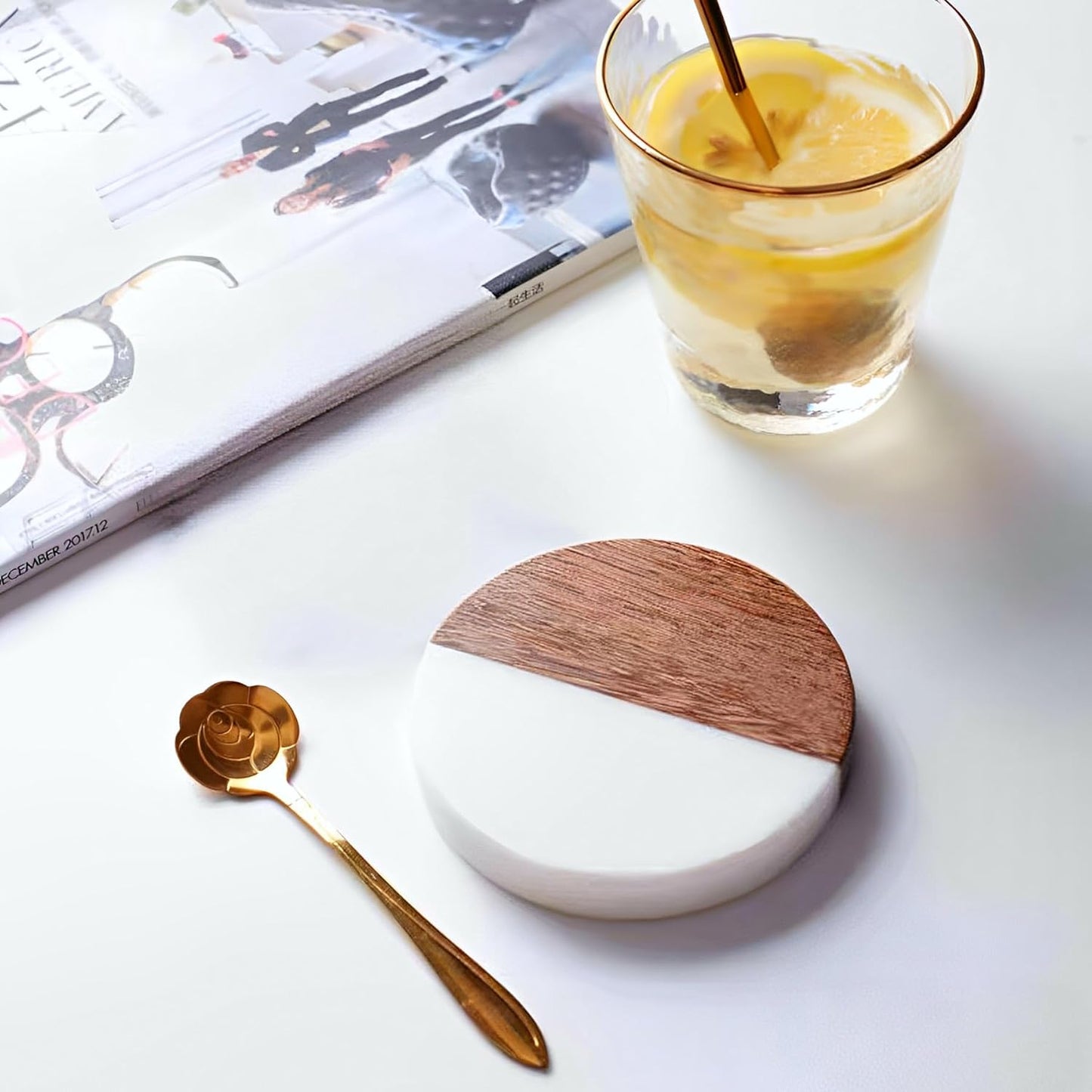 I-LAN 8Packs Round Natural Wood and Marbel Style Drink Coasters for Coffee Wooden Table, Drink Bar Coaster Set/Tea Table Coasters for Living Room,Beer Cans,Bar Glasses,4 x 4 Inch