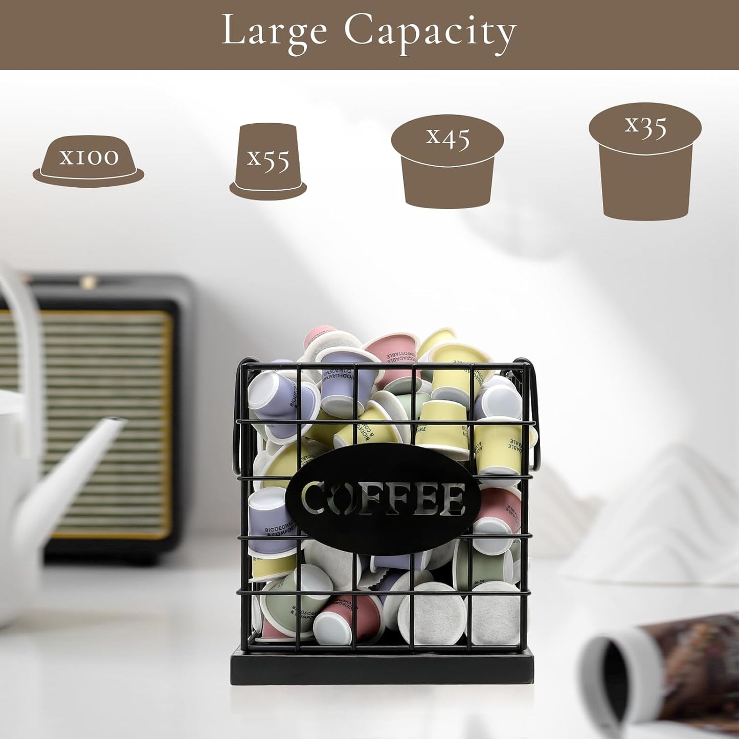 Coffee Pod Holder Organizer,Large Capacity K Cup Holder Organizer, Storage Basket for Kitchen Countertop Office Coffee Bar with Wooden Base(Rustic Black-Square)