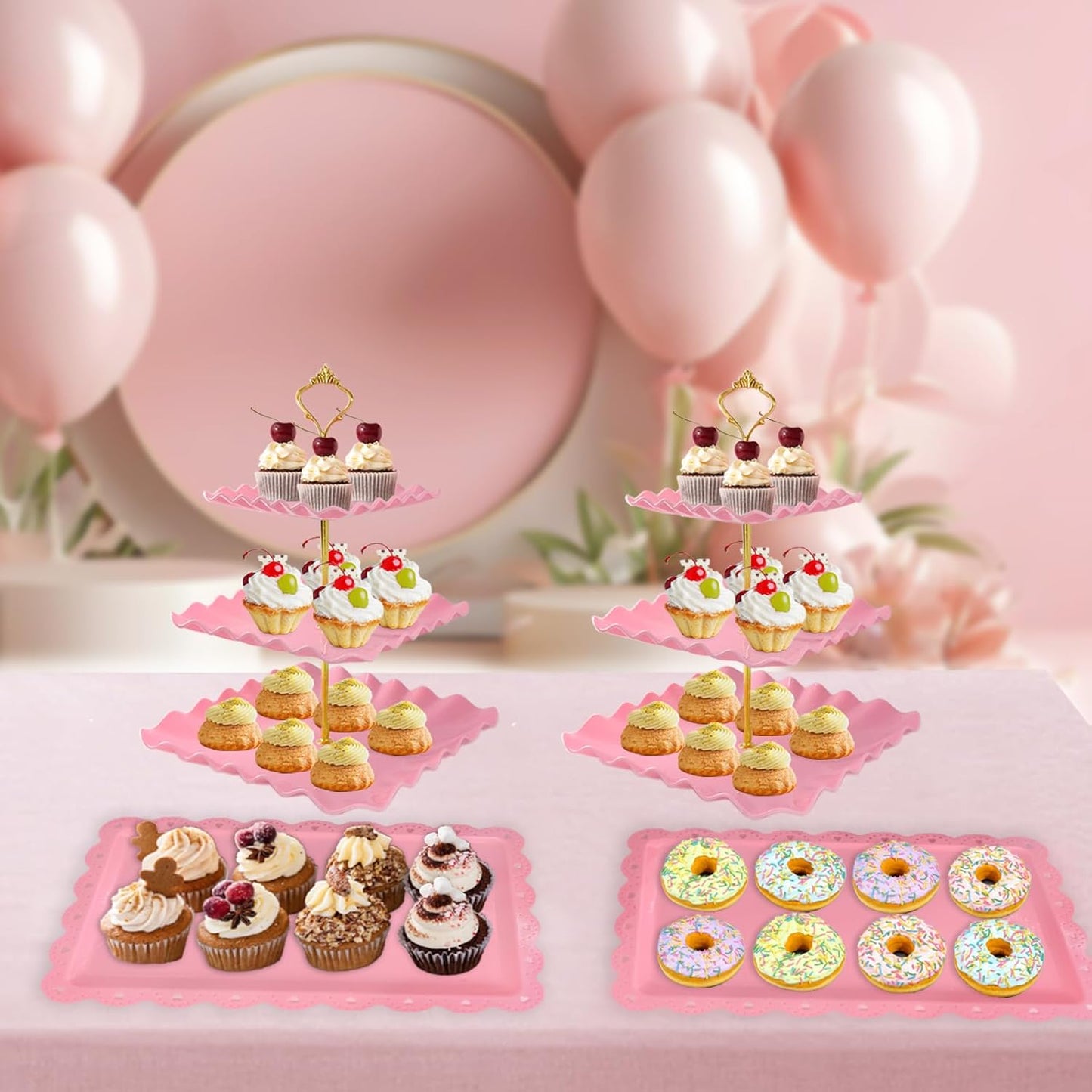 5 Pcs Dessert Table Display Set, Pink Plastic 2 Pcs Square 3 Tier Cupcake Stand Cup Cake Tower Stand with Metal Rod & 3 Pcs Serving Tray for Baby Shower, Tea Party, Wedding, Birthday Party