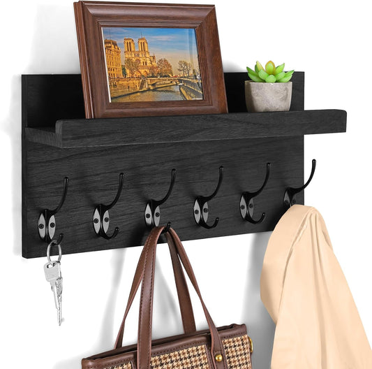 Shelf with Hooks, Coat Rack Wall Mount with 6 Double Metal Hooks, 17 Inch Farmhouse Wall Hooks with Shelf, for Entryway, Bathroom, Kitchen, Black